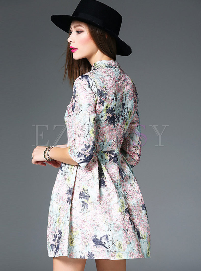 Dresses | Skater Dresses | Stand Collar Floral Half Sleeve Pleated ...