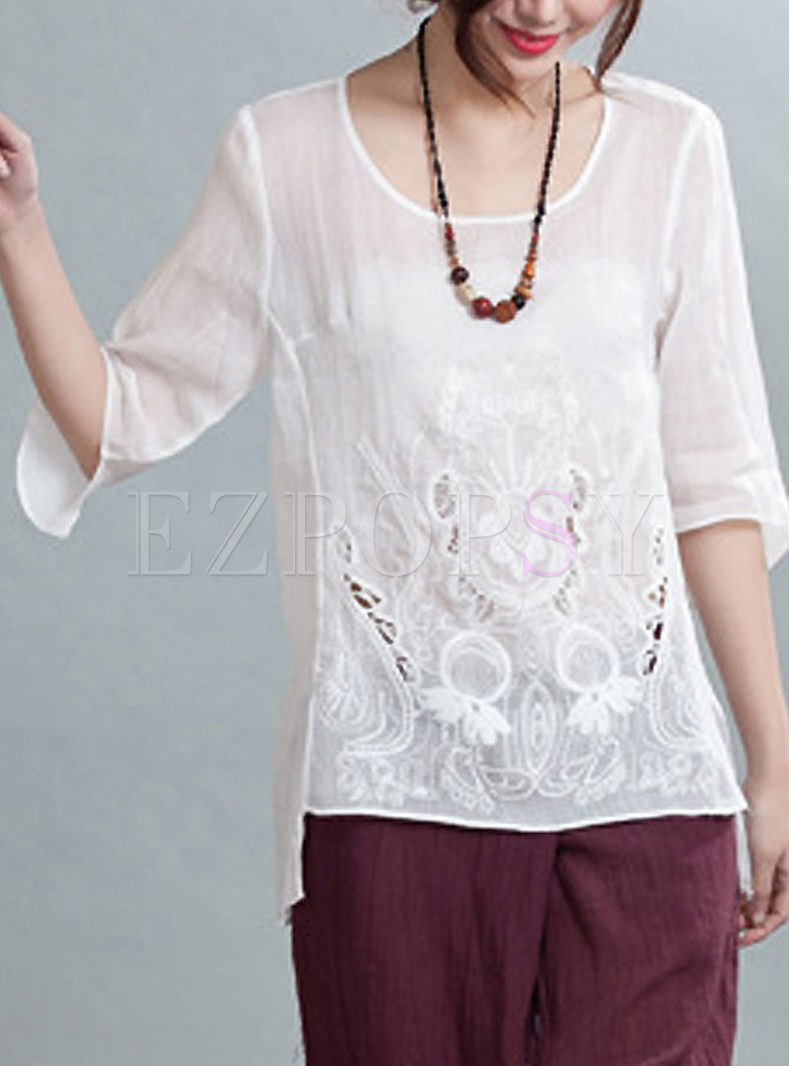 White Embroidery Loose Top