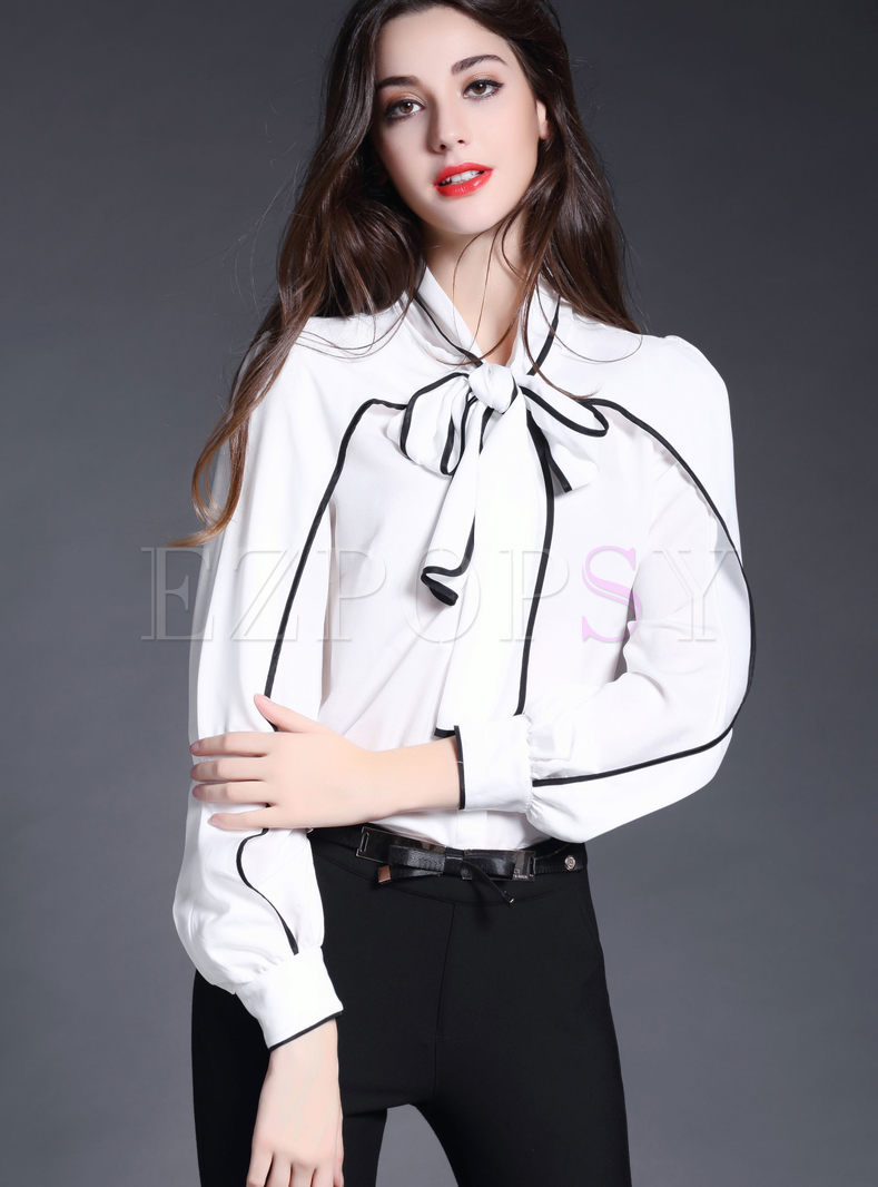Stylish Color-matched Tie-patched Blouse