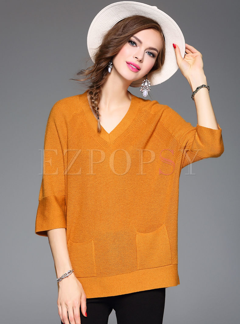 Tops | Sweaters | V-neck Half Sleeve Stylish Knit Sweater