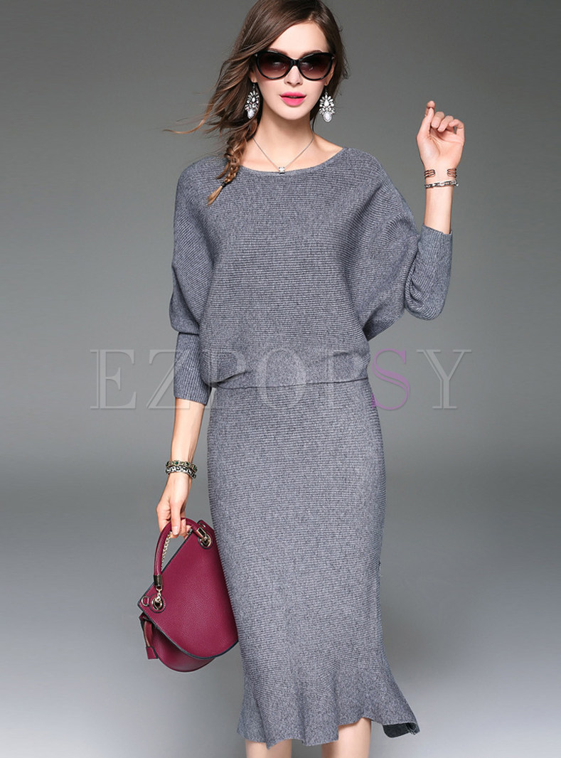  Slim Pure Color Bat Sleeve Two-piece Outfits
