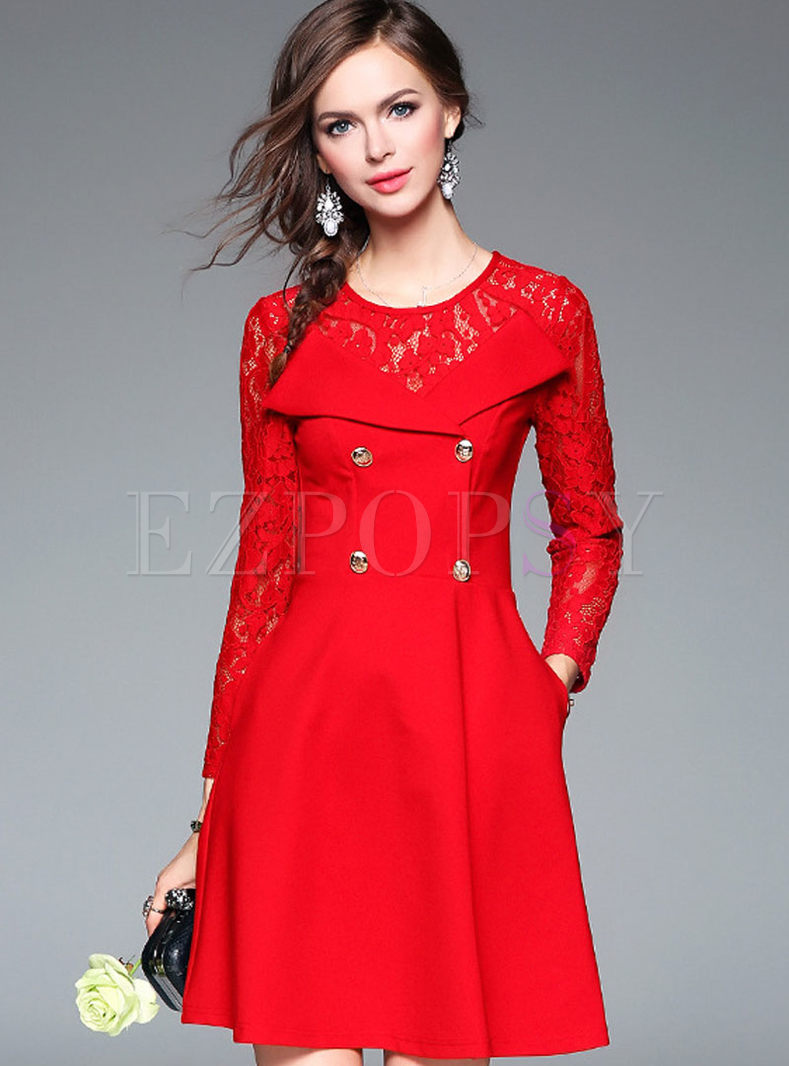 Work Patchwork Lace Hollow Out Skater Dress