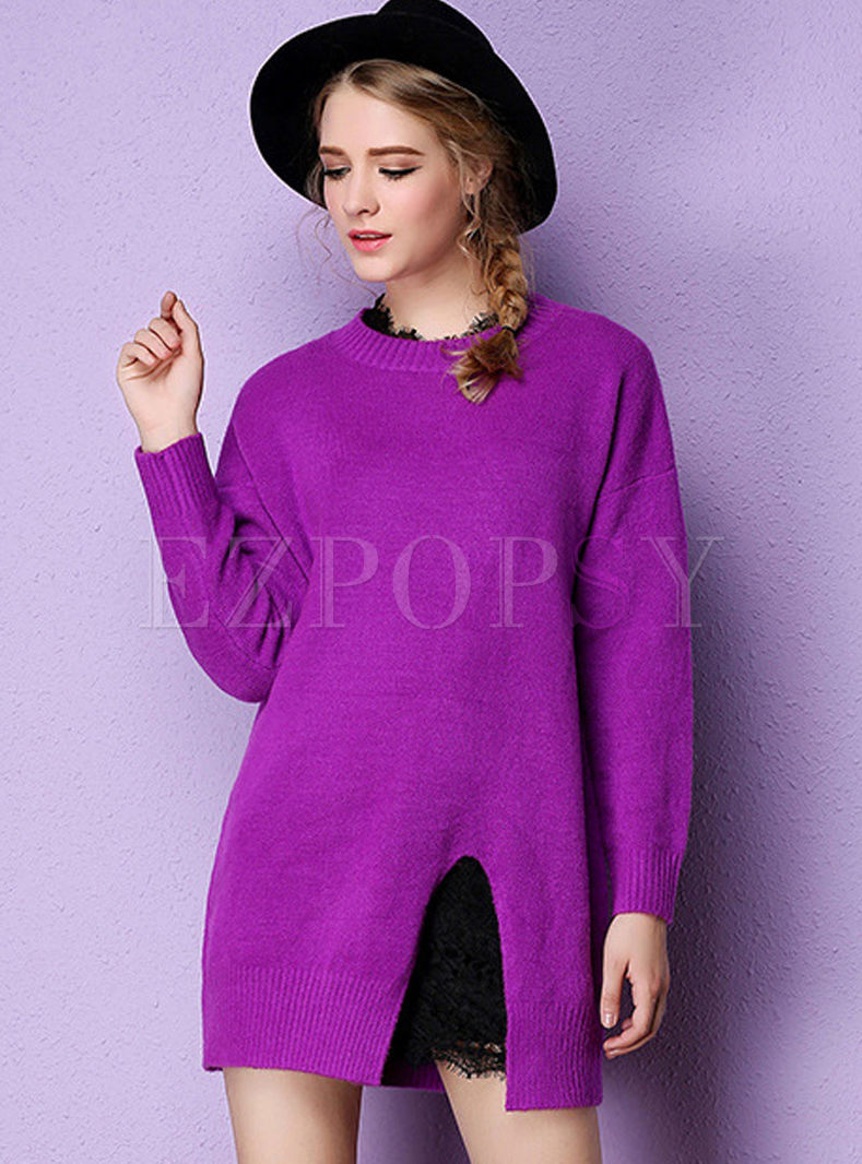 Loose Split Pure Color Long Sweater