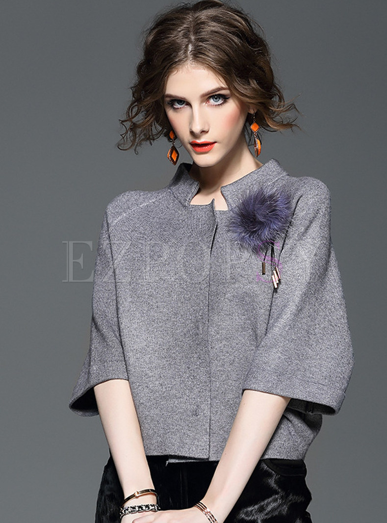 Pure Color Stand Collar Half Sleeve Short Coat