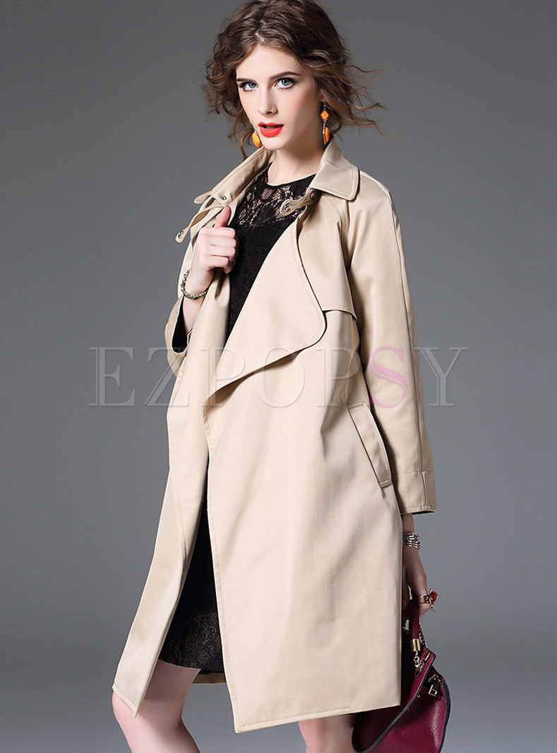 Pure Color Long Sleeve Belt Trench Coat