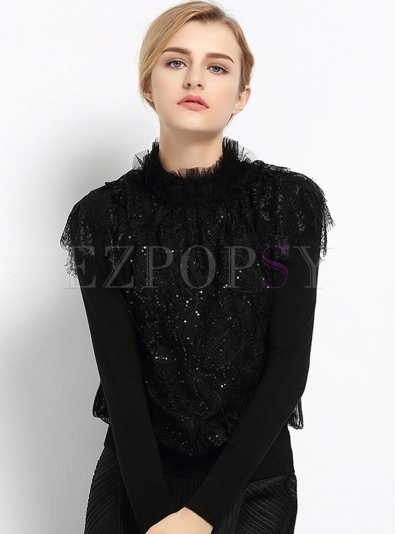 Stand Collar Lace Voile Sequined Sweater