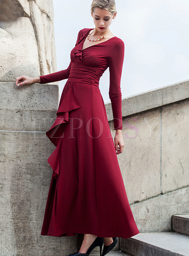 Sexy Pleated Stylish Solid Color Ball Gown Maxi Dress