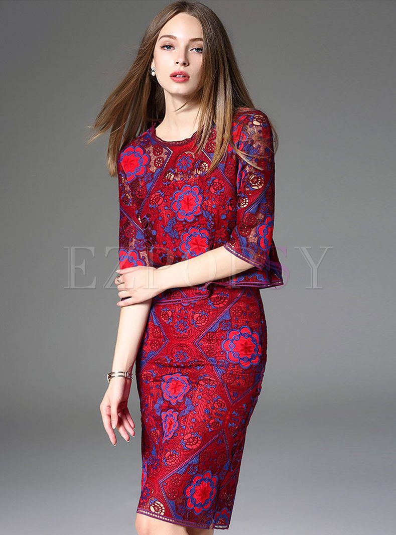 Sexy Embroidery Half Sleeve T-shirt Slim Charming Skirt Outfits