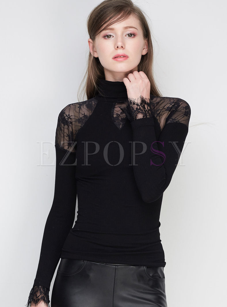 Chic Stitching Hollow Slim Lace Turtle Neck Sweater