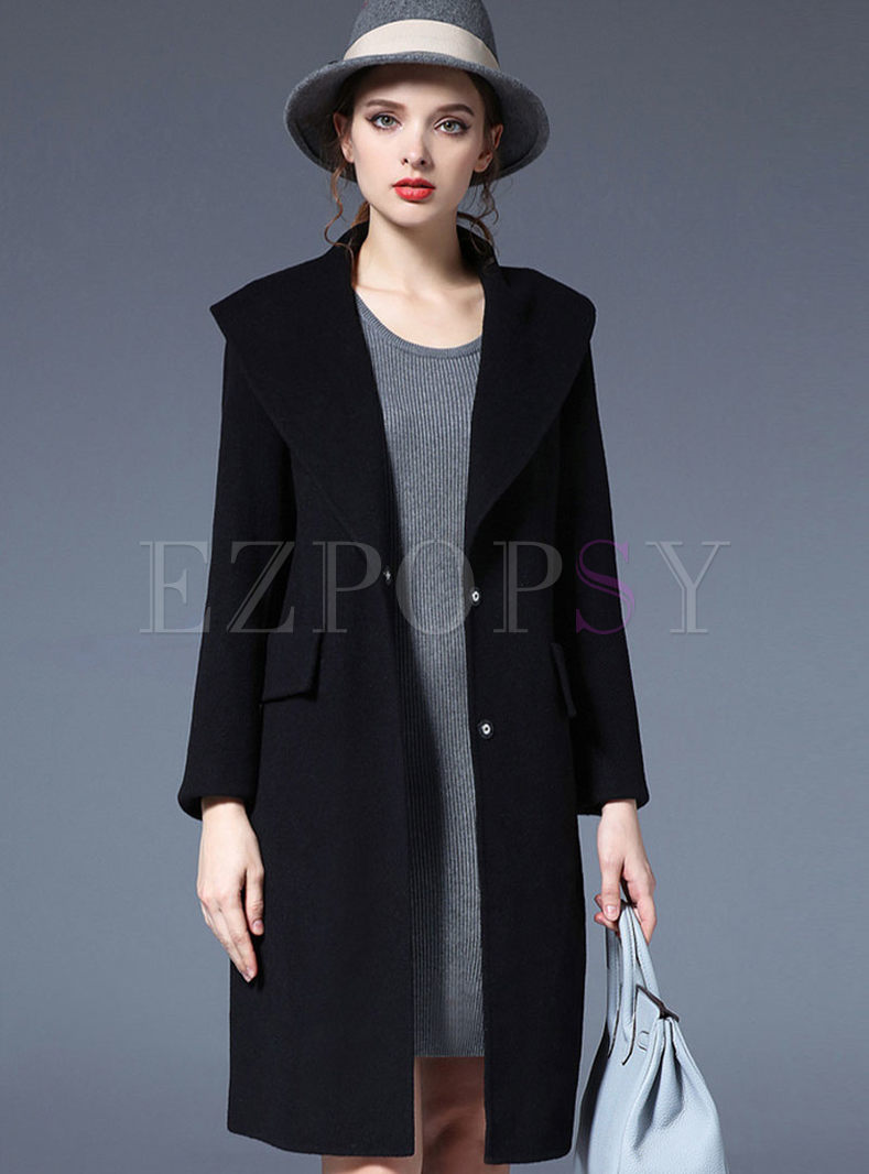 Casual Black Long Sleeve Cardigan Wool Coat
