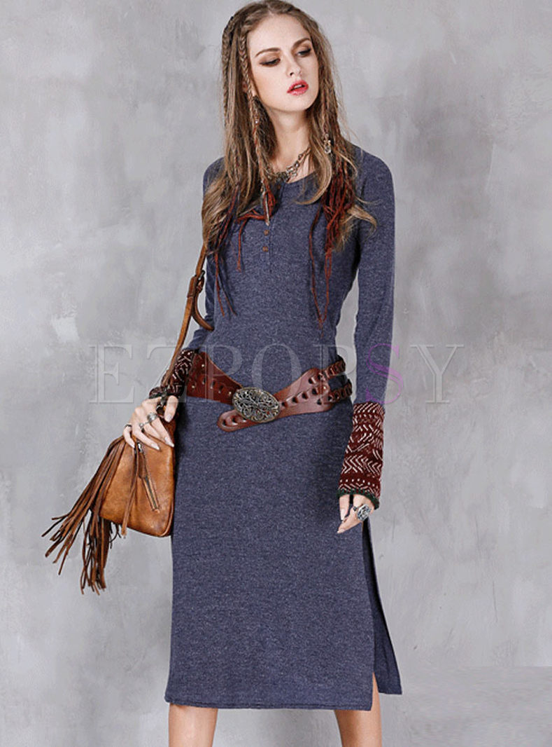 Ethnic Embroidery Slit Knitted Dress