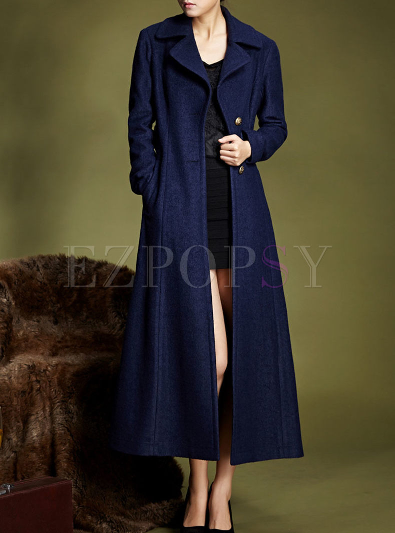 Brief Solid Color Turn Down Collar Slim Wool Trench Coat
