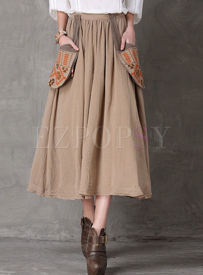 Ethnic Embroidery Pocket Long Skirt