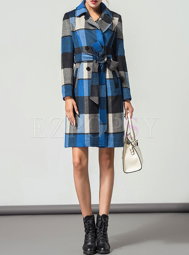Vintage Plaid Turn Down Collar Trench Coat With Belt