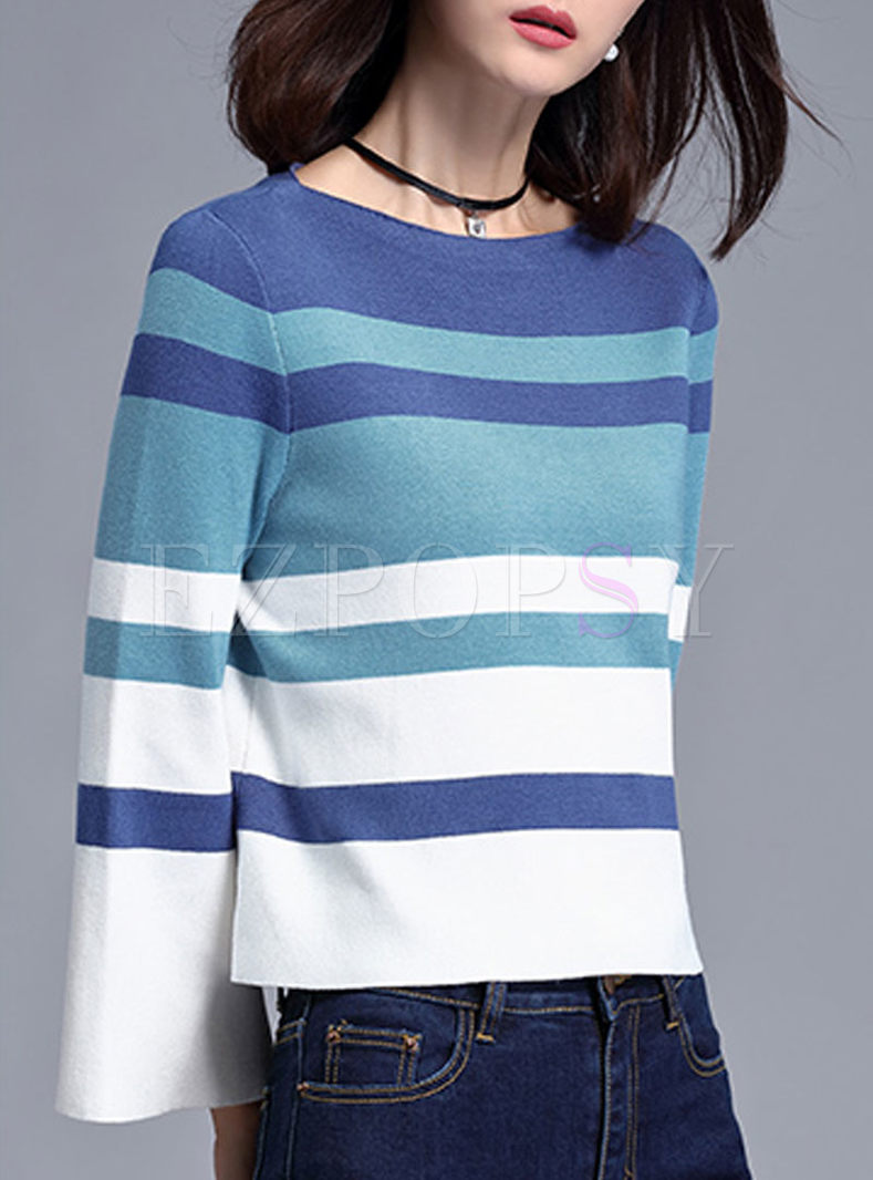 Pure Color Stripe Flare Sleeve Sweater