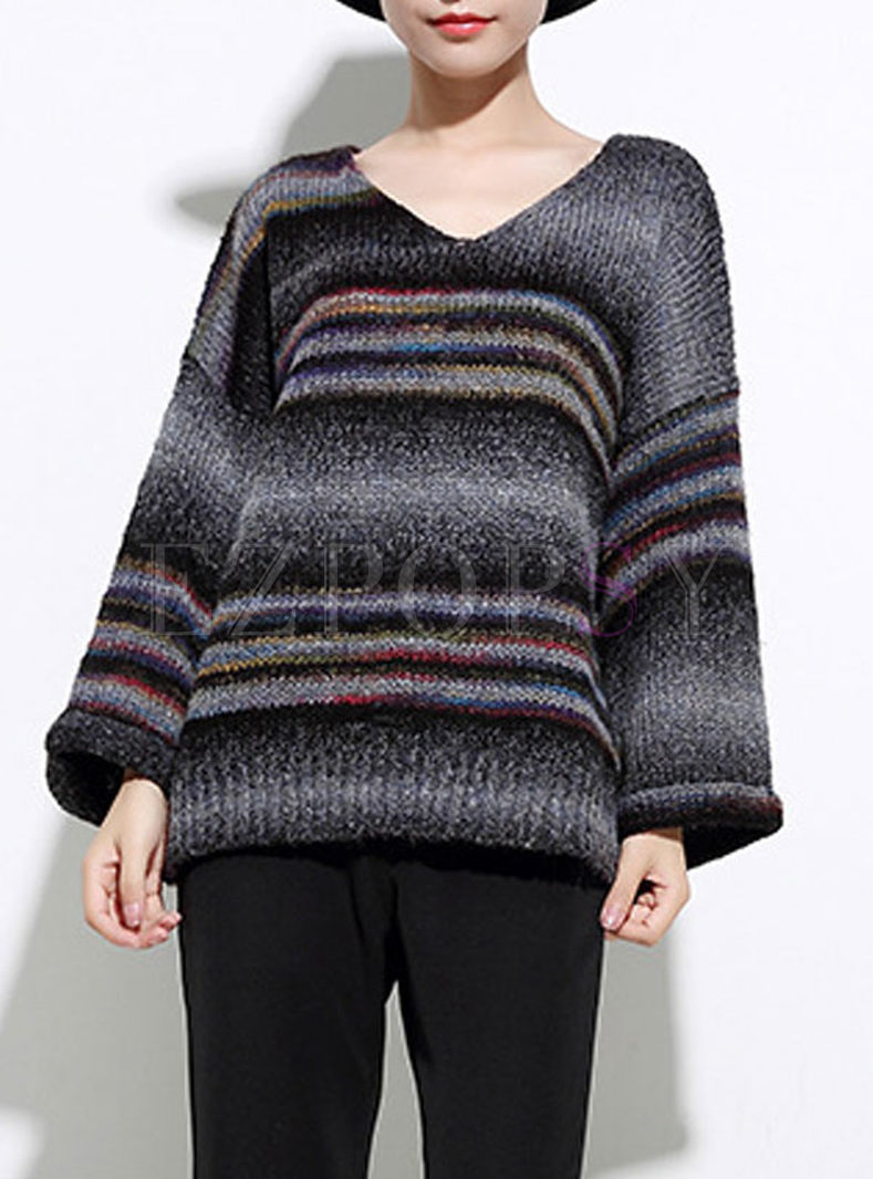 Vintage Stripe Flare Sleeve Loose Sweater