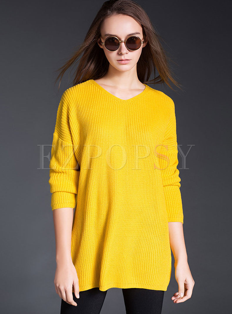 Brief Loose V-neck Pure Color Sweater