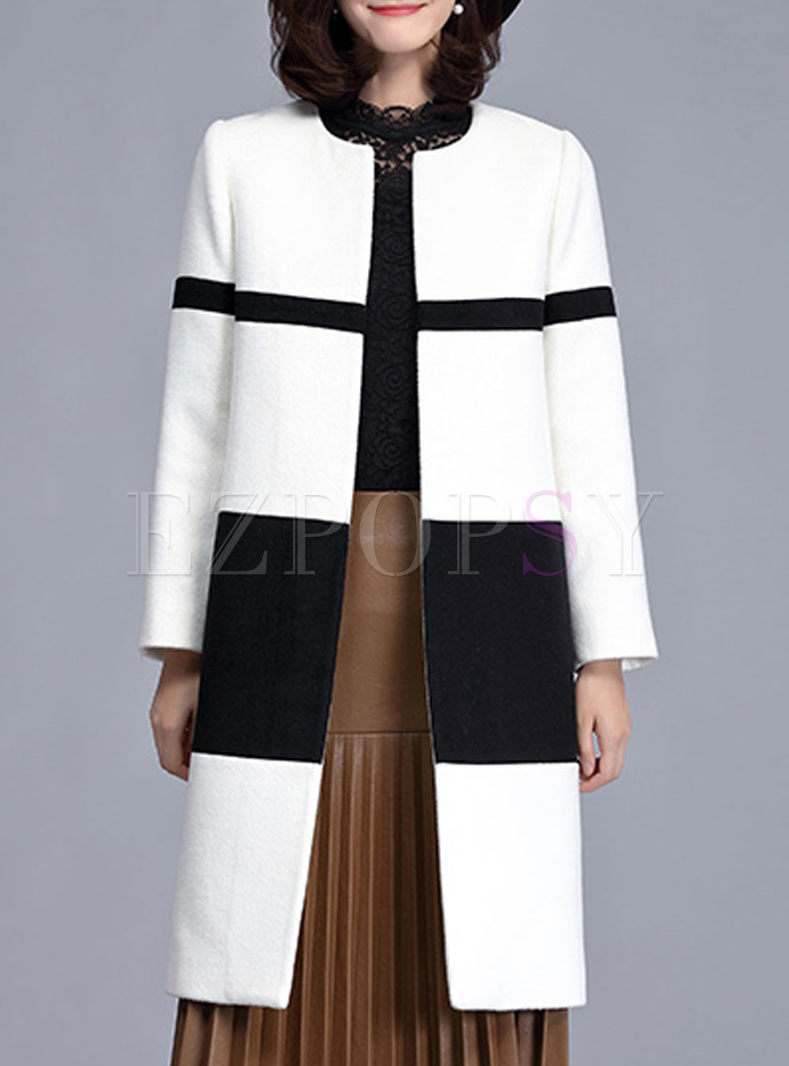 Brief Hit Color Patchwork Long Sleeve Wool Coat