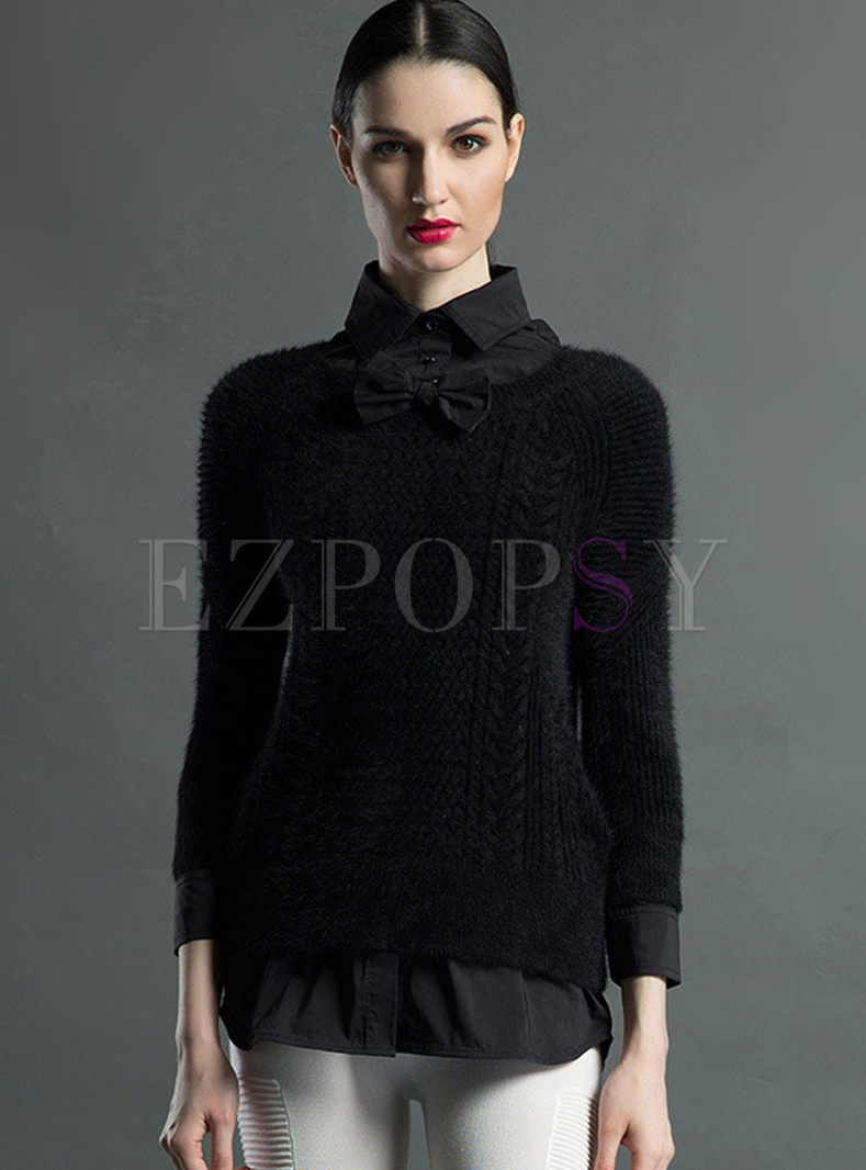 Tops | Sweaters | Straight Bowknot Patch Layered Lapel Sweater