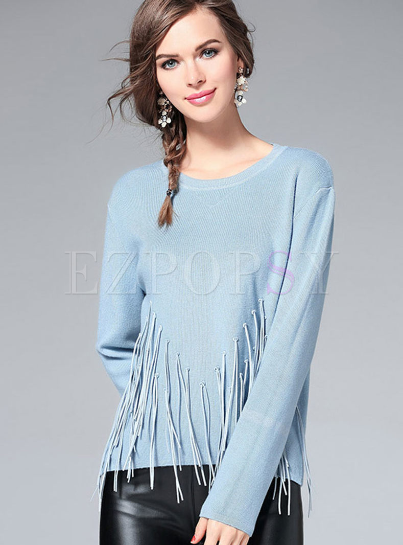 Sweet Fringed Slim Pure Color Sweater