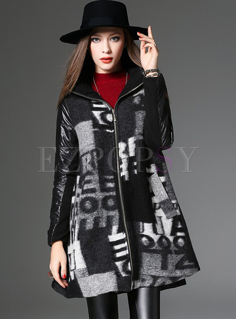 Loose Hit Color Patchwork Hooded Casual Coat