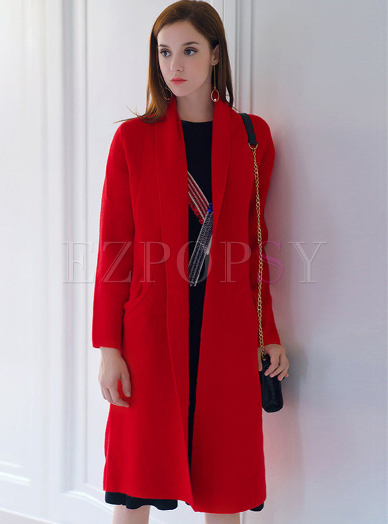 Brief Split Solid Color Embroidery Knit Coat