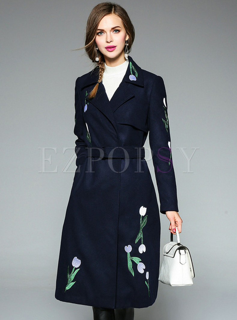 Stylish Embroidery Slim Wool Notched Collar Trench Coat With Belt