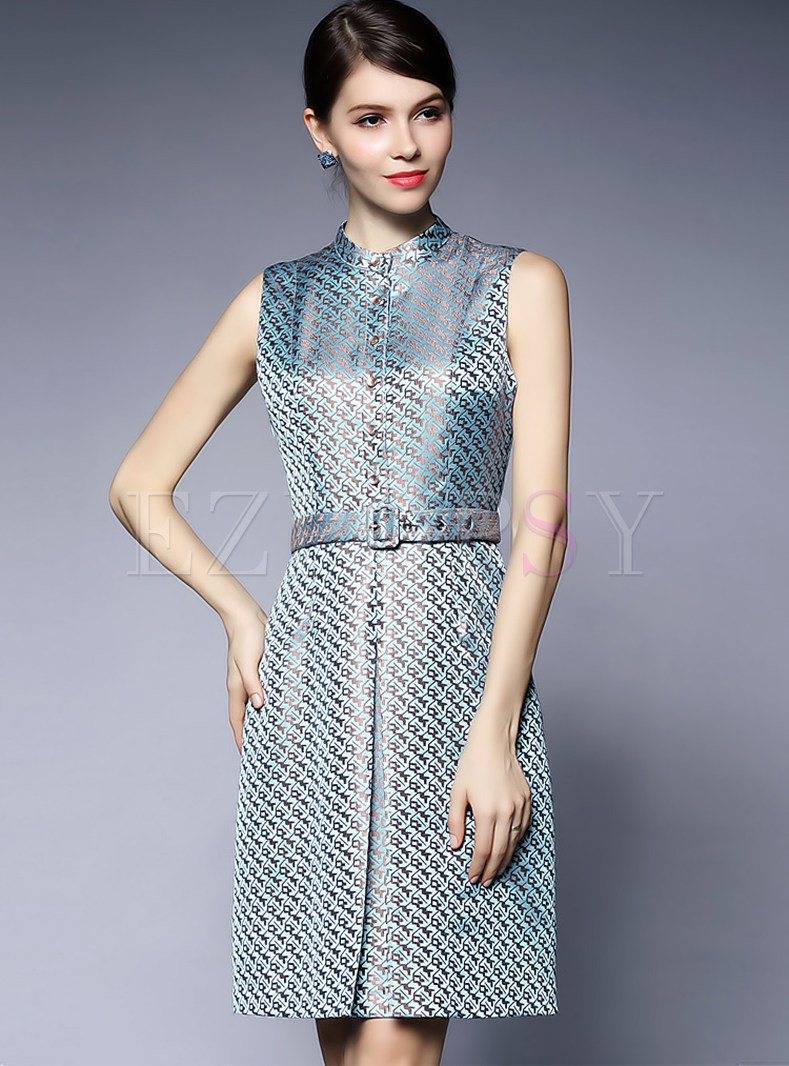 Elegant Print Belted Slim Dress