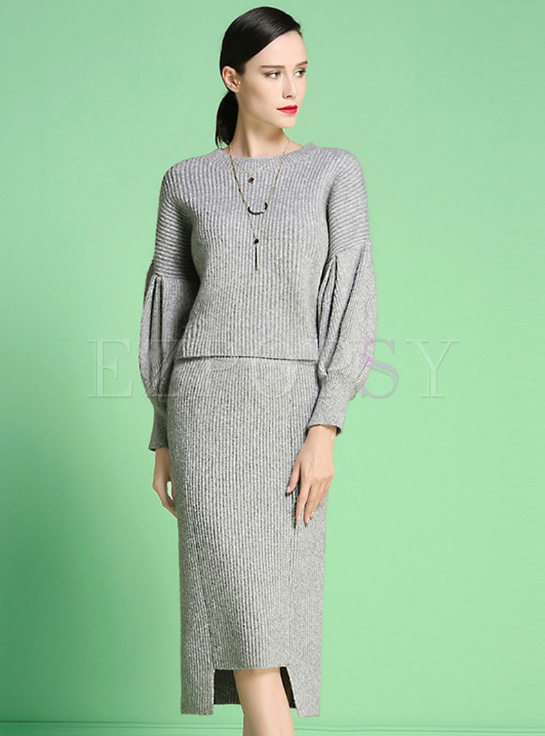 Stylish Puff Sleeve Sweater &Slim Split Skirt Outfits