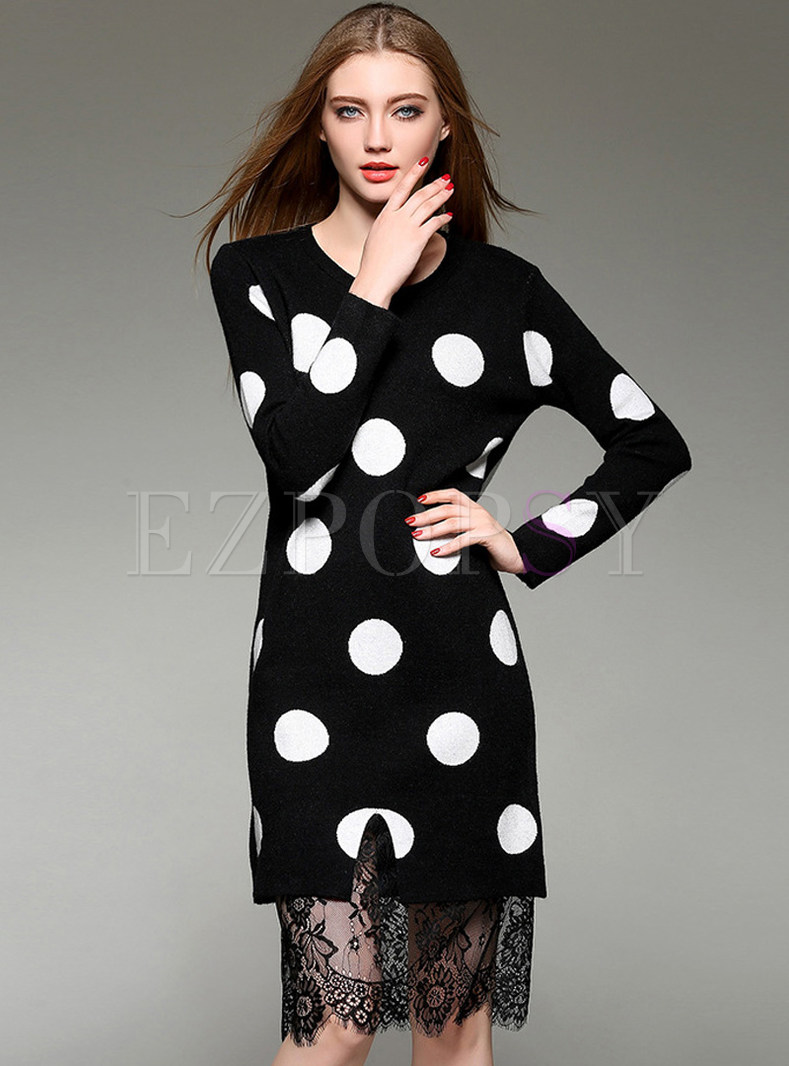 Sweet Lace Patch Dot Hit Color Sweater