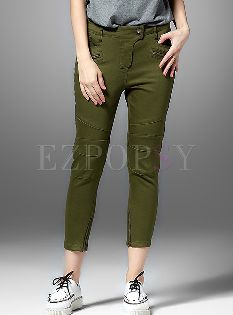Casual Army Green Waist Zipper Pencil Pants