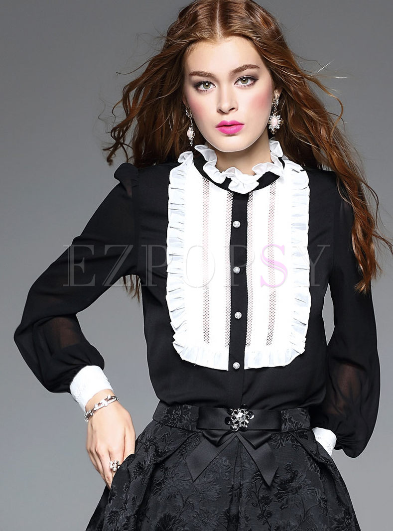 Brief Color-Matched Falbala Collar Blouse