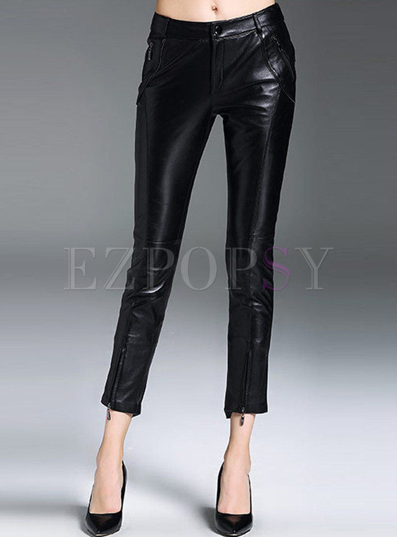 PU Slim Leather Full-length Thick Pants