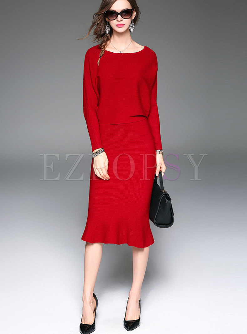 Dresses | Knitted Dresses | Pure Color Bat Sleeve Knitted Dress