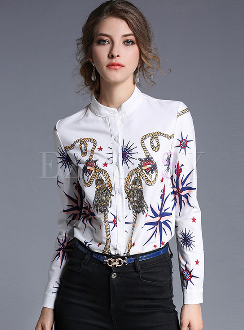 Retro Print Stand Collar Single-breasted Blouse