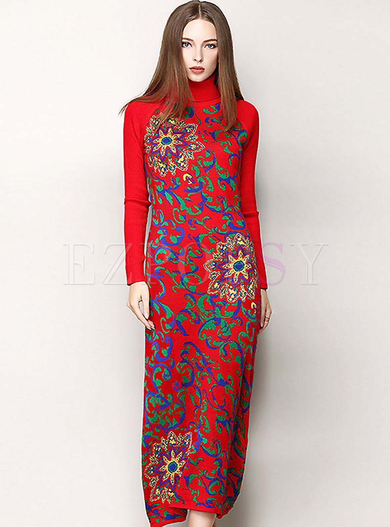 Ethnic Multicolor Jacquard Woolen Knitted Dress