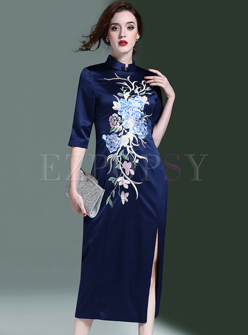Vintage Embroidery Stand Collar Split Maxi Dress