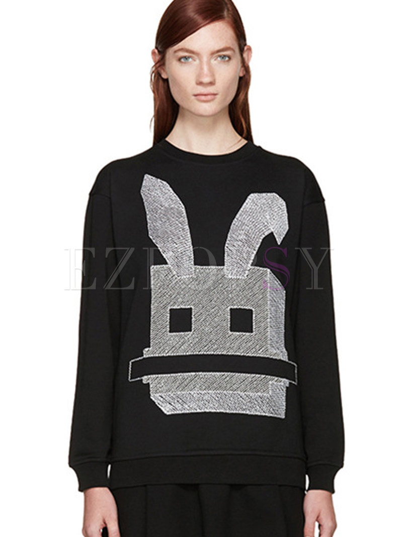 Casual Rabbit Embroidered Pullover Hoodies