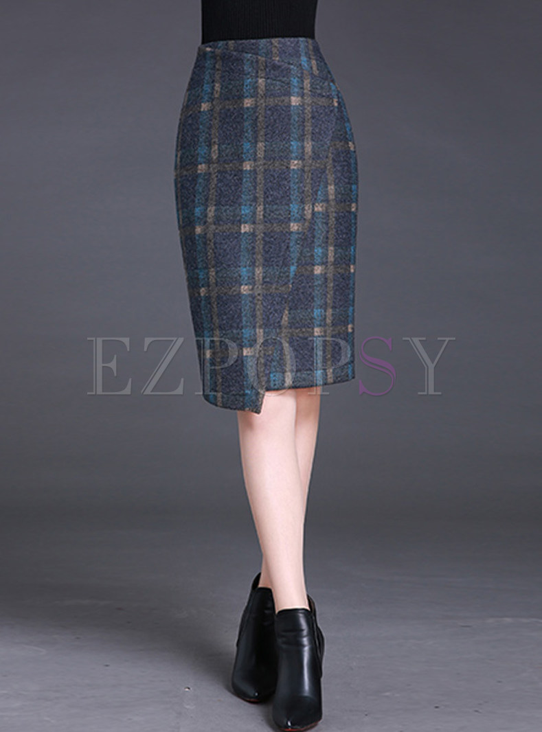 Vintage Grid Slit Bodycon Skirt