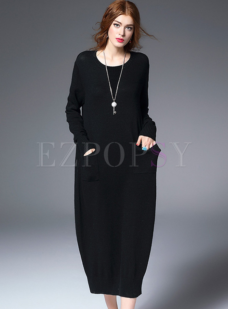 Black Casual Pocket Knitted Dress