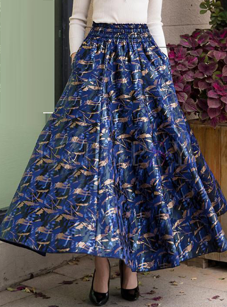 Long Floral Print Elastic Waist A-line Skirt