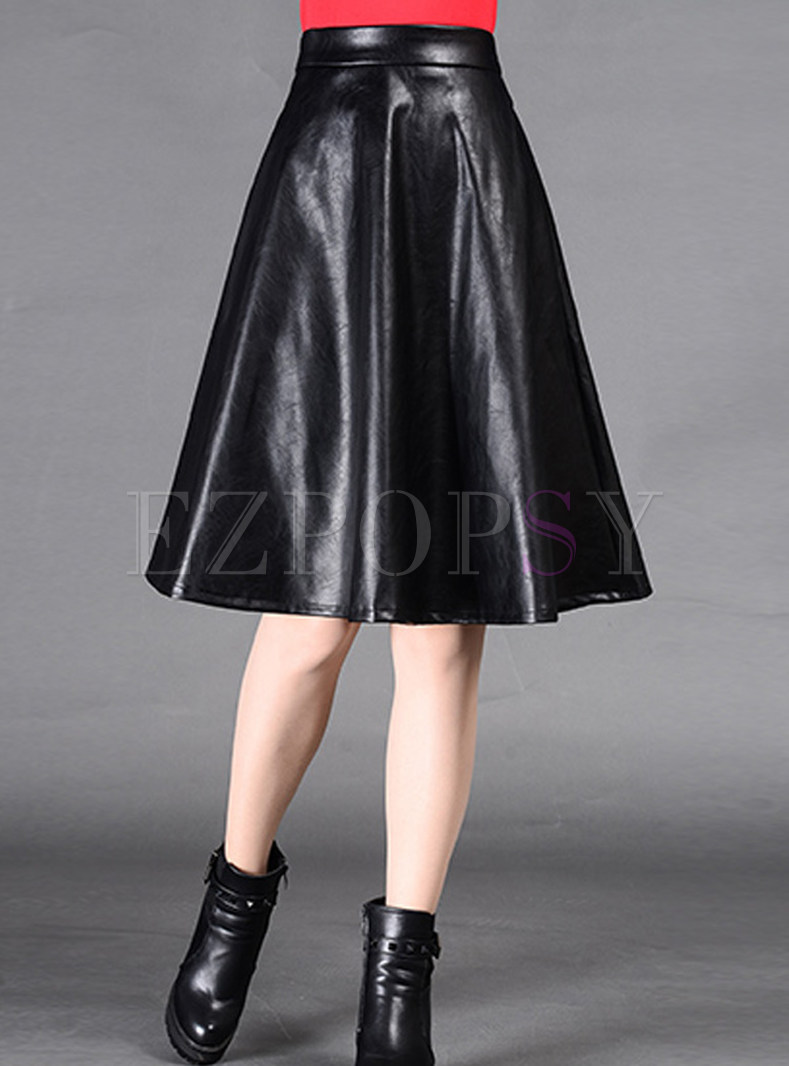 PU A-Line Black Pleated Knee-Length Skirt
