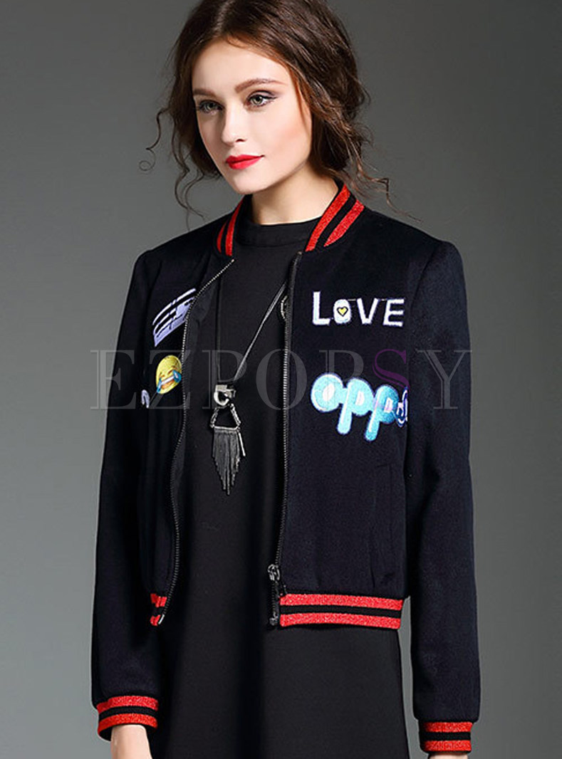 Casual Wool Embroidered Stand Collar Coat