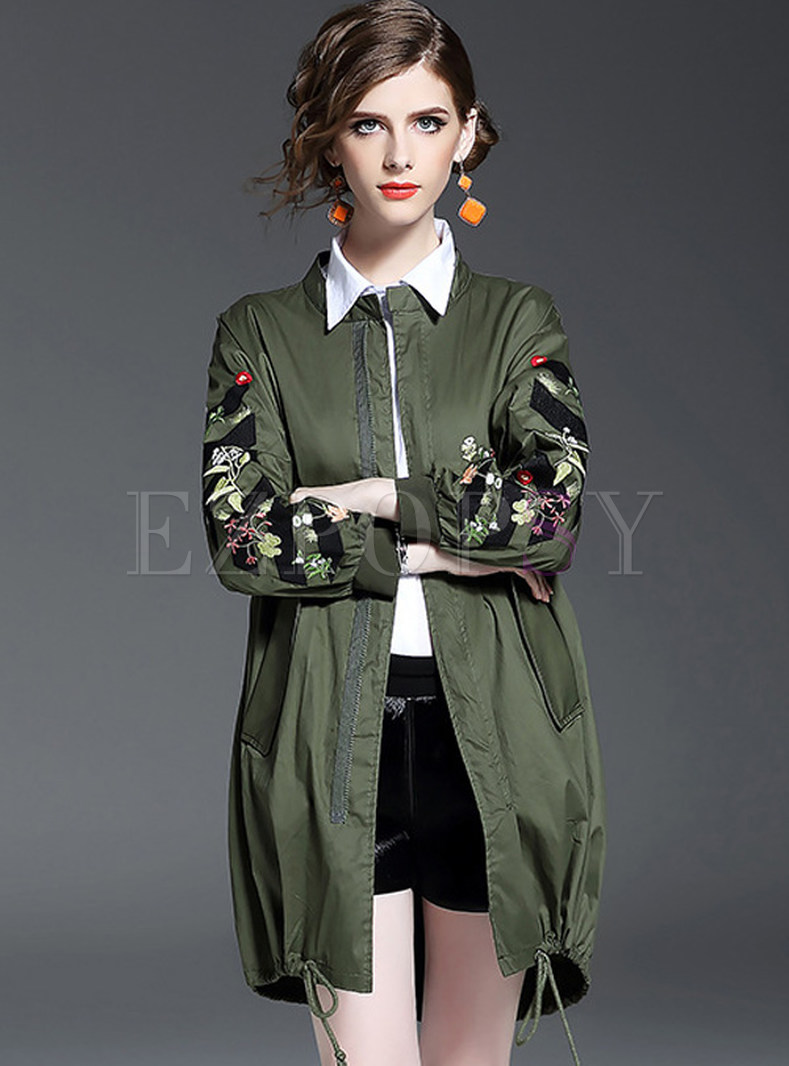 Stand Collar Embroidery Long Sleeve Stylish Trench Coat