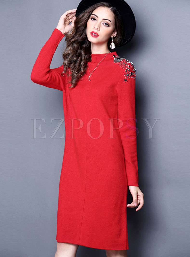 Sequined Stand Collar Loose Stylish Knit Dress