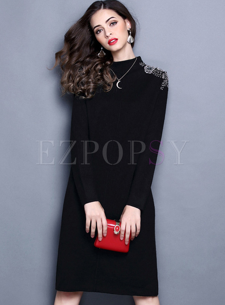 Sequined Stand Collar Loose Stylish Knit Dress