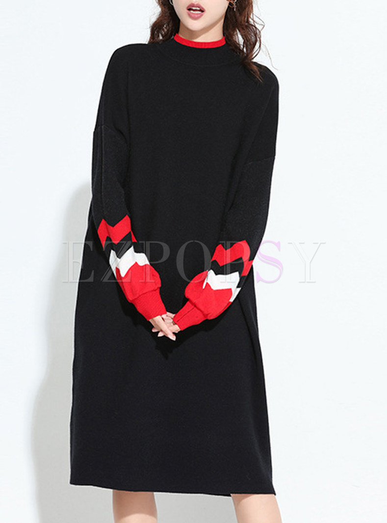 Loose Turtle Neck Hit Color Knitted Dress