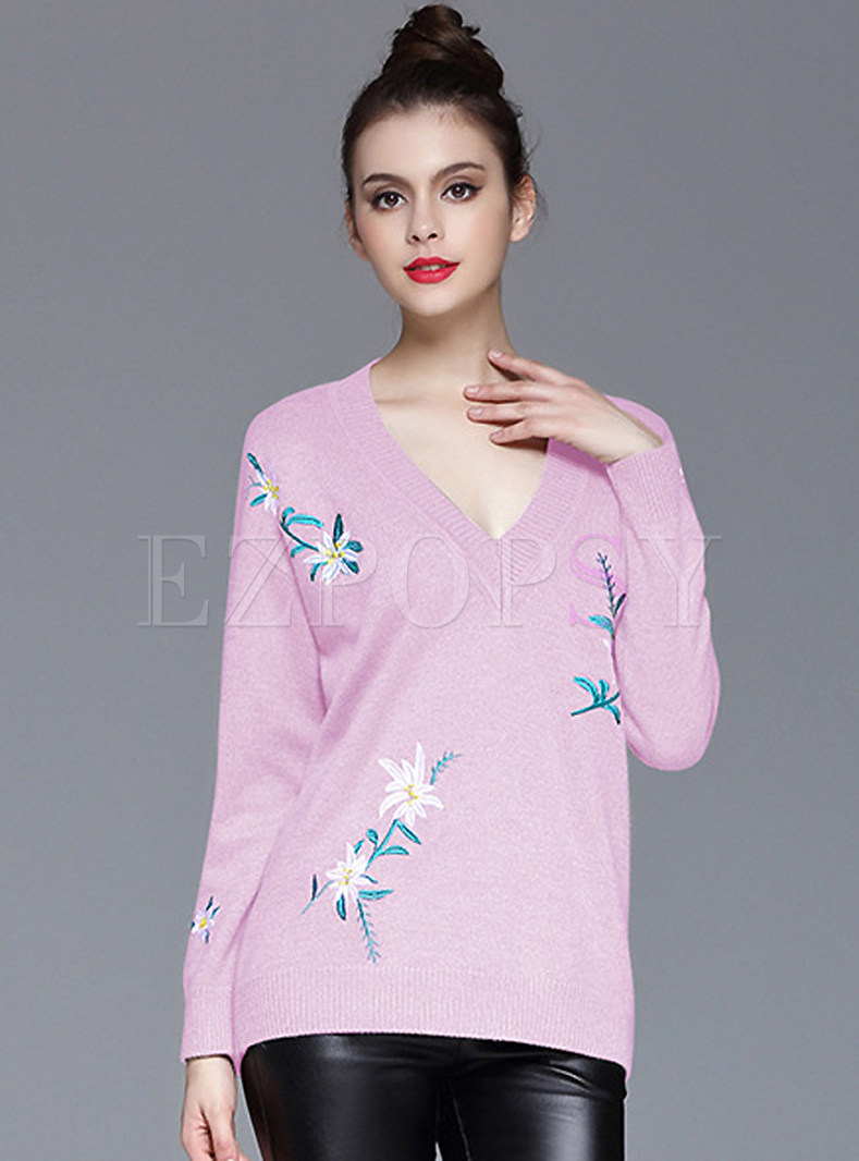V-neck Floral Embroidery Knit Sweater