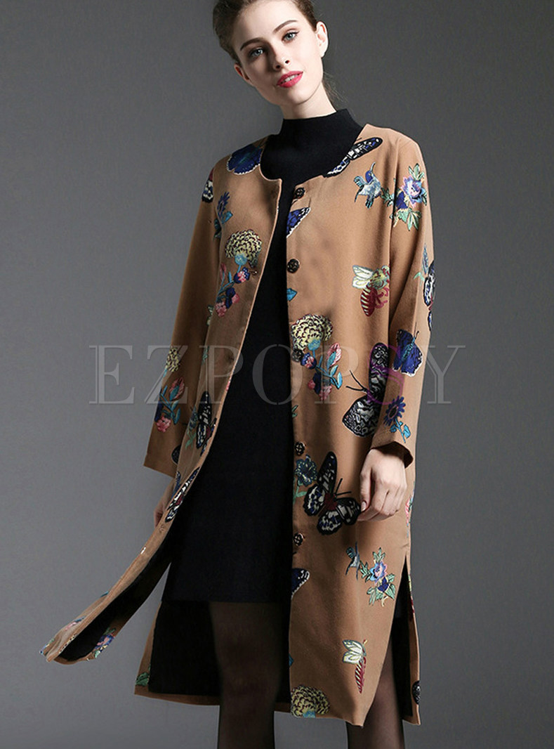 Vintage O-neck Embroidered Straight Coat