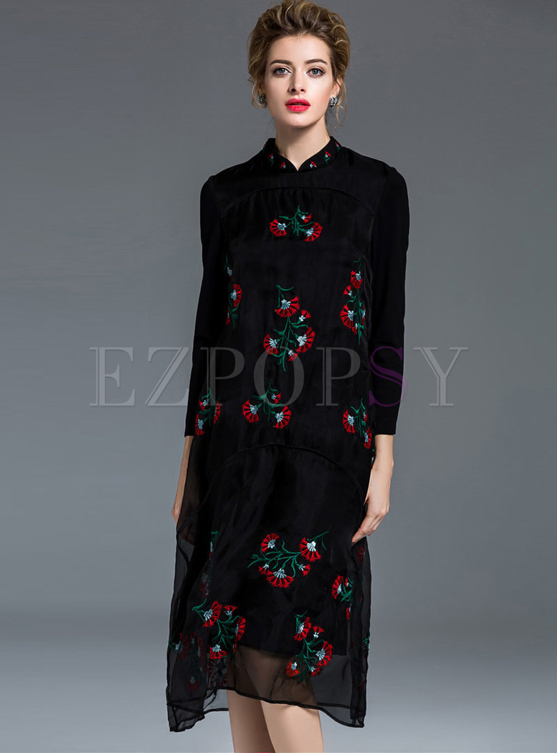 Ethnic Stand Collar Embroidered Shift Dress
